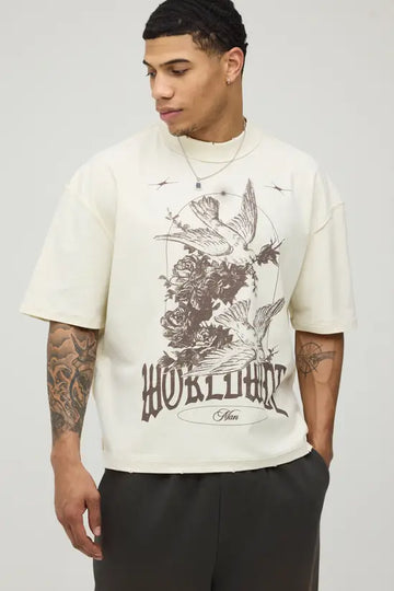 BoohooMan T-shirt Print Boxy Seam Oversized Beige