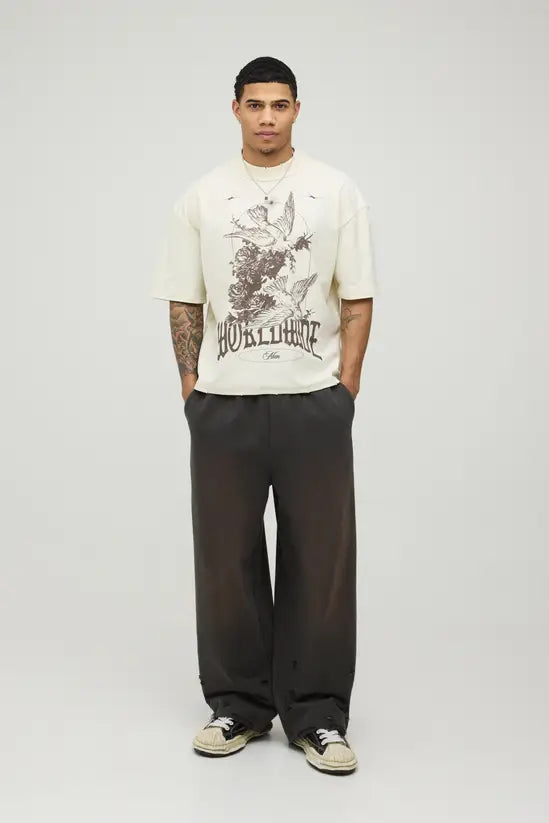 BoohooMan T-shirt Print Boxy Seam Oversized Beige