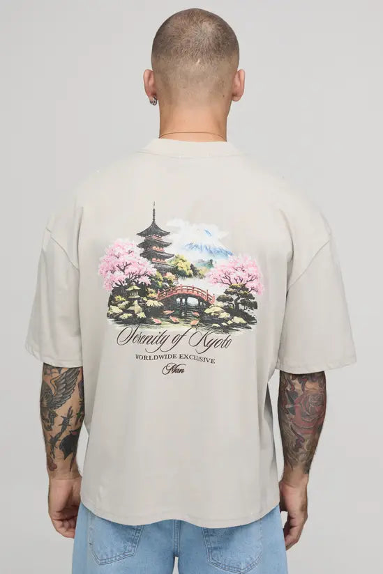 BoohooMan T-shirt Print Landscape Boxy Oversized Creme