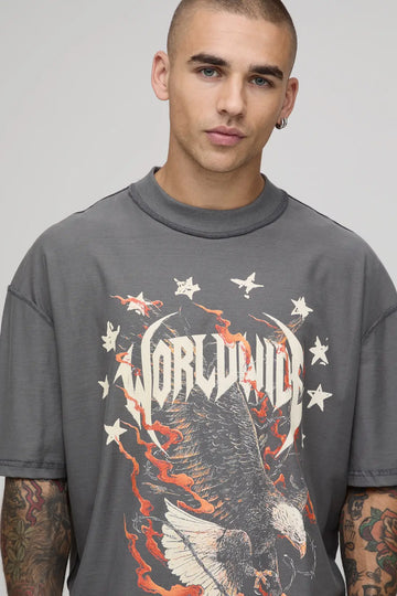 BoohooMan T-shirt Print Eagle Seam Exposed Boxy Oversized Carvão
