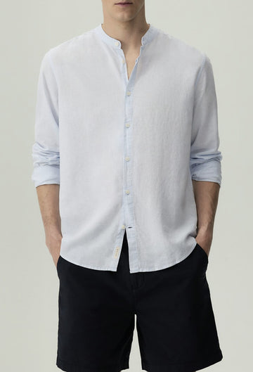 Lefties Camisa De Linho Em Gola Chinesa Azul Claro