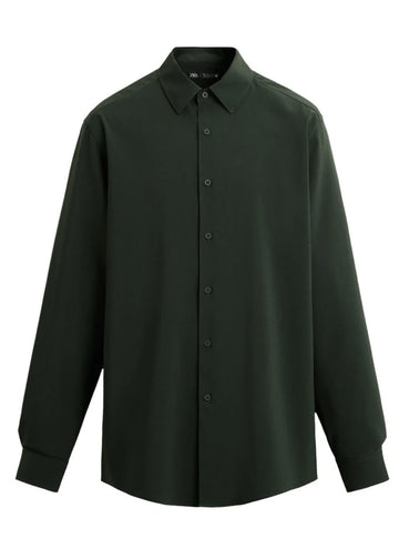 Zara Camisa De Manga Comprida Slim Fit Verde Escuro