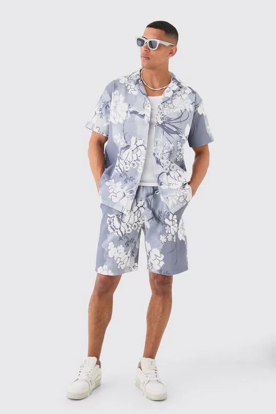 Man Conjunto Oversized De Camisa e Calções Com Estampa Floral Plissado
