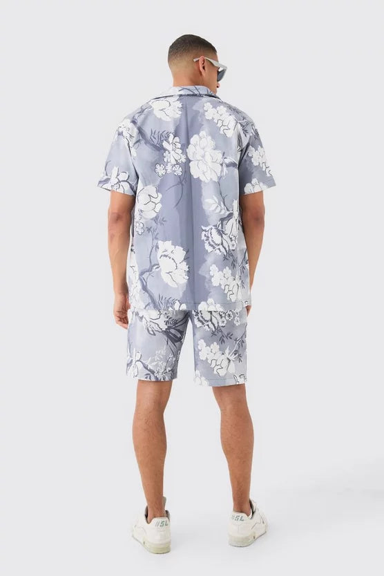 Man Conjunto Oversized De Camisa e Calções Com Estampa Floral Plissado