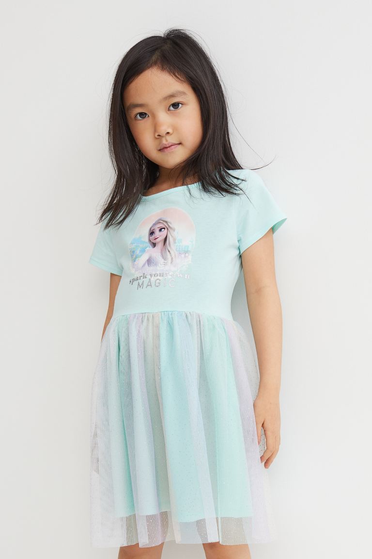 H&amp;M Vestido Em Tule Com Estampado/Frozen Turquesa Claro