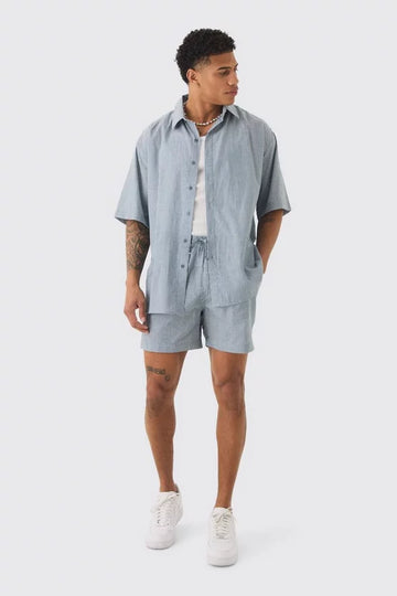 Man Conjunto De Camisa Oversized e Calções Plissado Ondulado