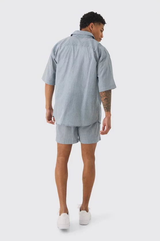 Man Conjunto De Camisa Oversized e Calções Plissado Ondulado