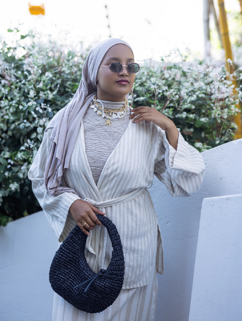 Ruh Kimono em Linho às Riscas Branco e Creme